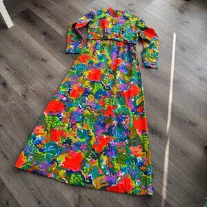 RARE Vtg 60s psychedelic flower power neon print hippie maxi dress / sz M